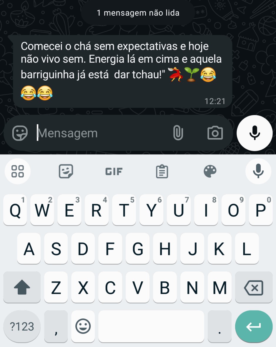 Depoimento WhatsApp: cliente com mais energia e barriga reduzida